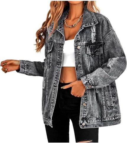 Women long oversized denim jacket boyfriend ripped distressed jean jackets coat